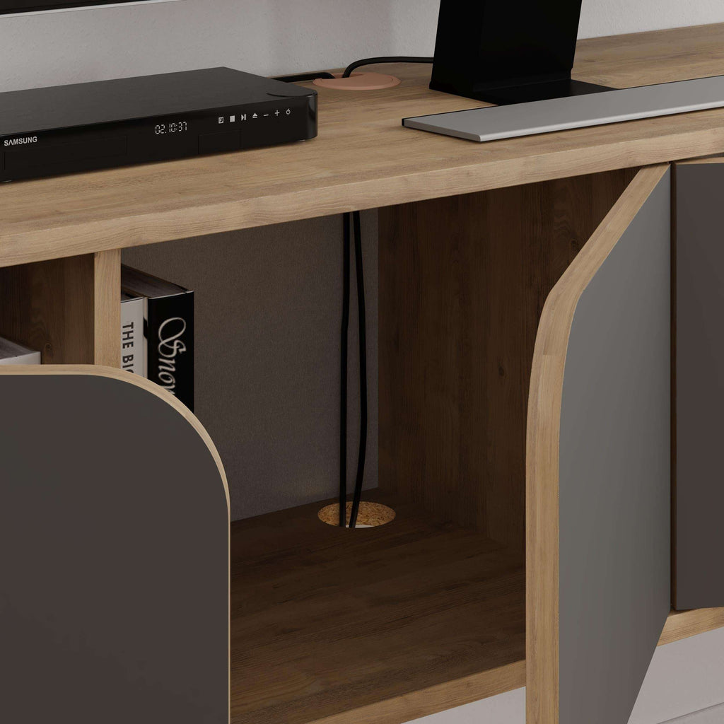 Floating TV stand corner view with open storage and gray cabinet panel