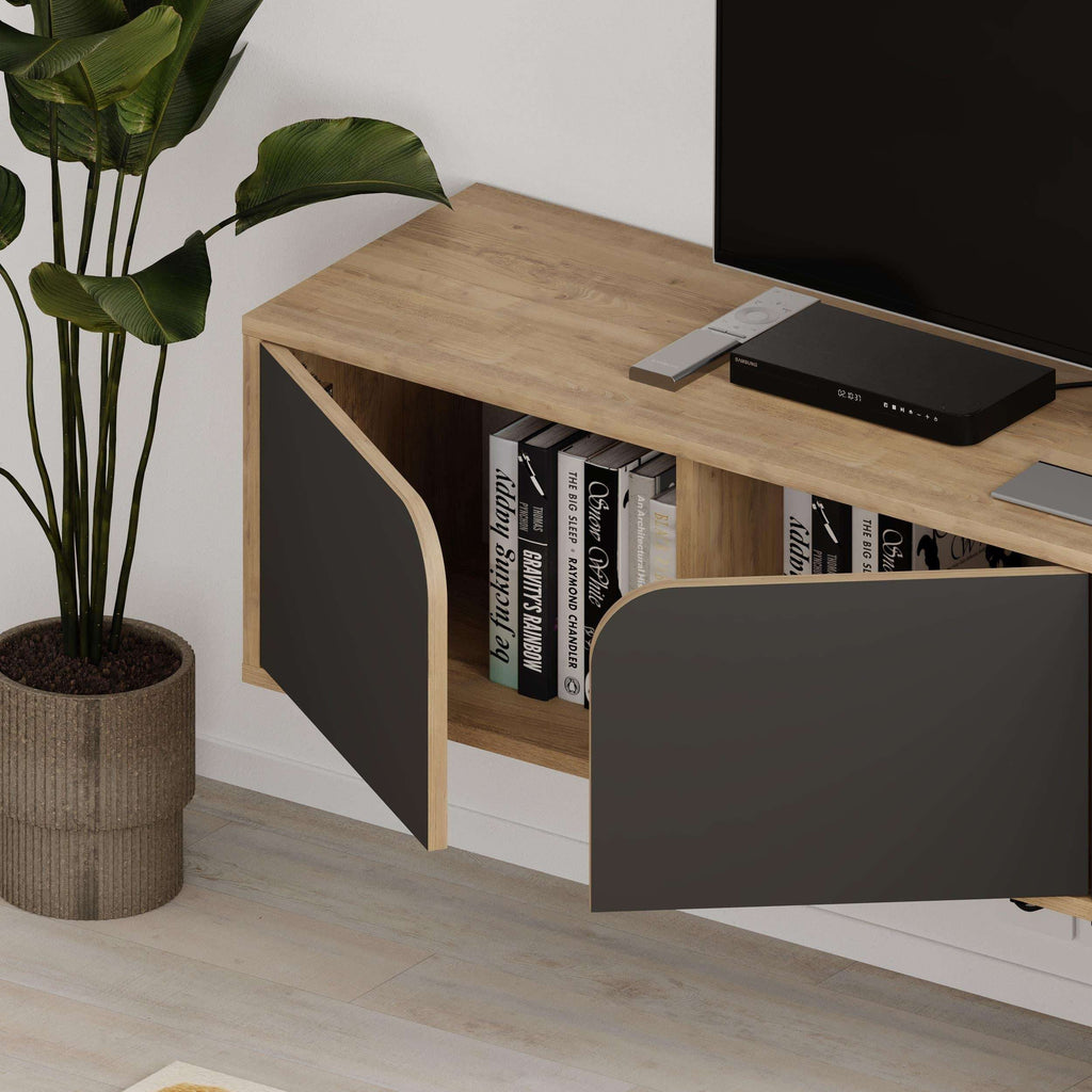 Floating TV stand with light wood frame, gray doors, and open book shelf