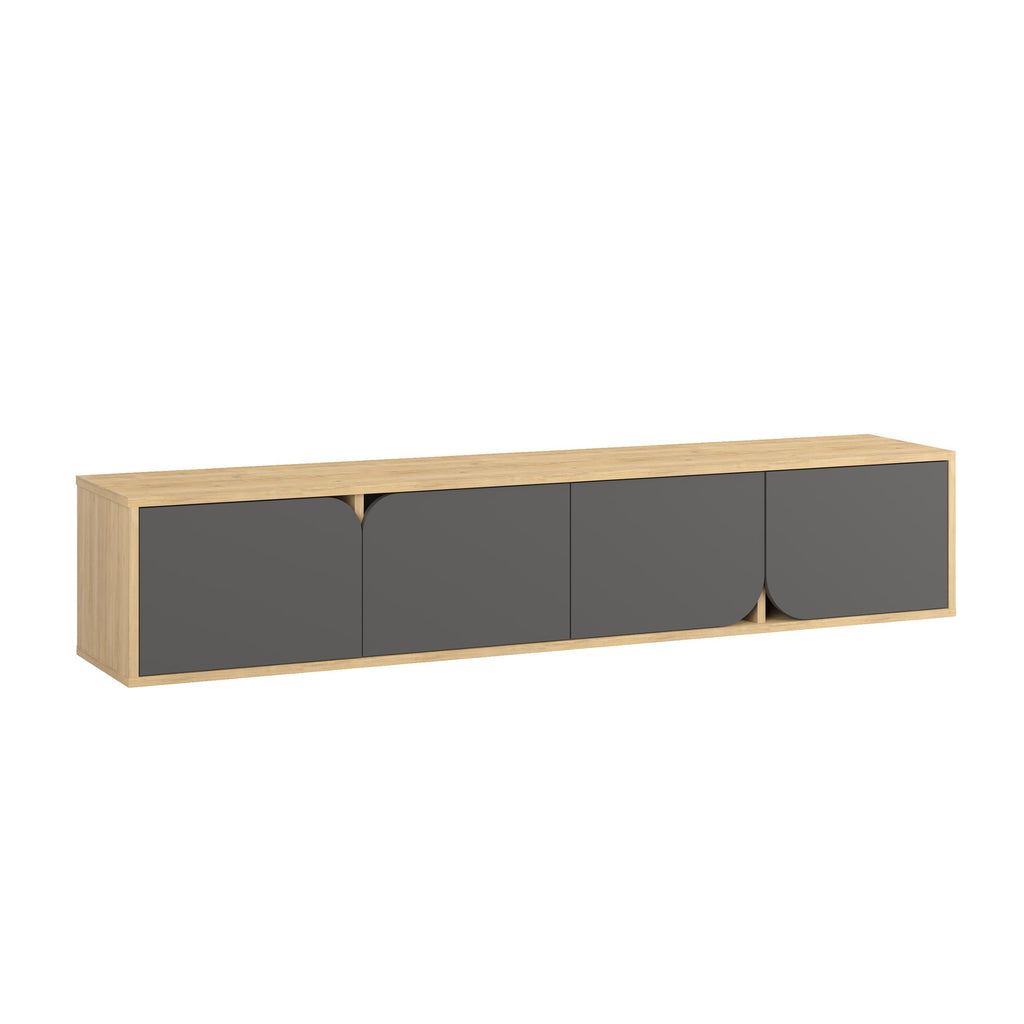 Floating TV stand side view with oak top and dark anthracite door fronts.