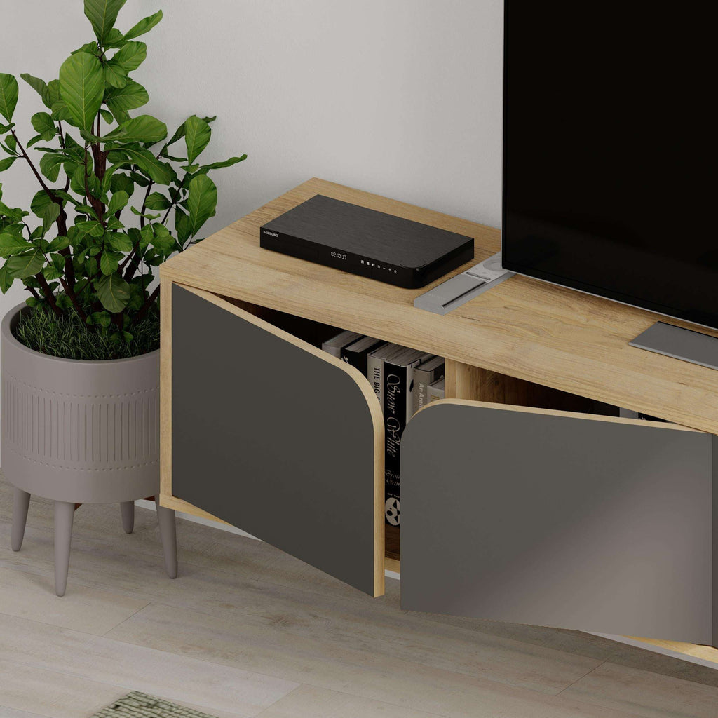 Floating TV stand with light wood top and gray hinged cabinet doors