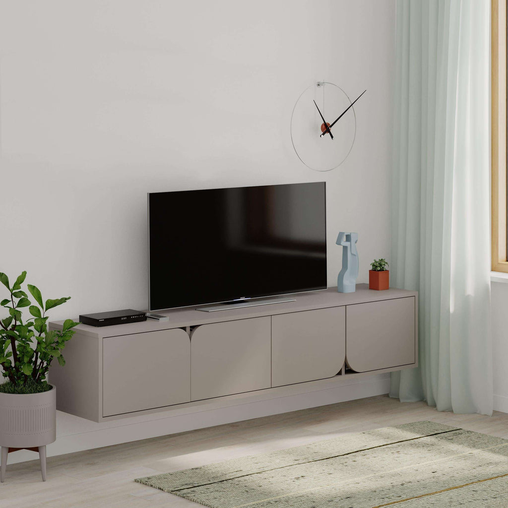Floating TV stand with black TV surface and light gray cabinets with arched drawer doors