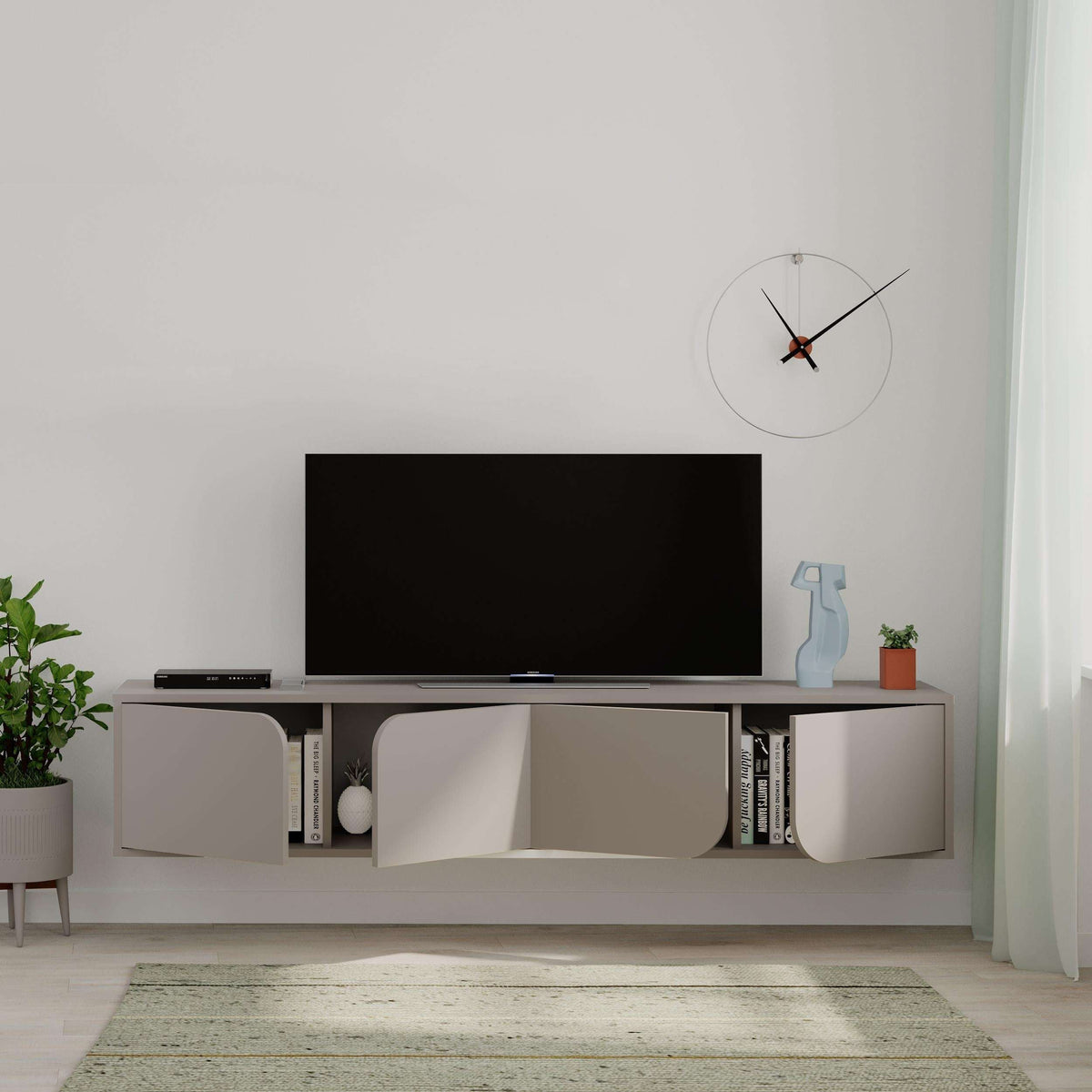 Modern floating TV stand with dark top, open center shelf, and two side cabinets