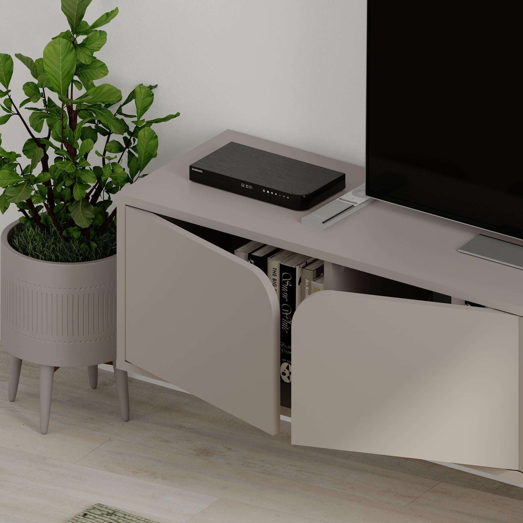 White floating TV stand side view with two cabinets, open media shelf, cable panel