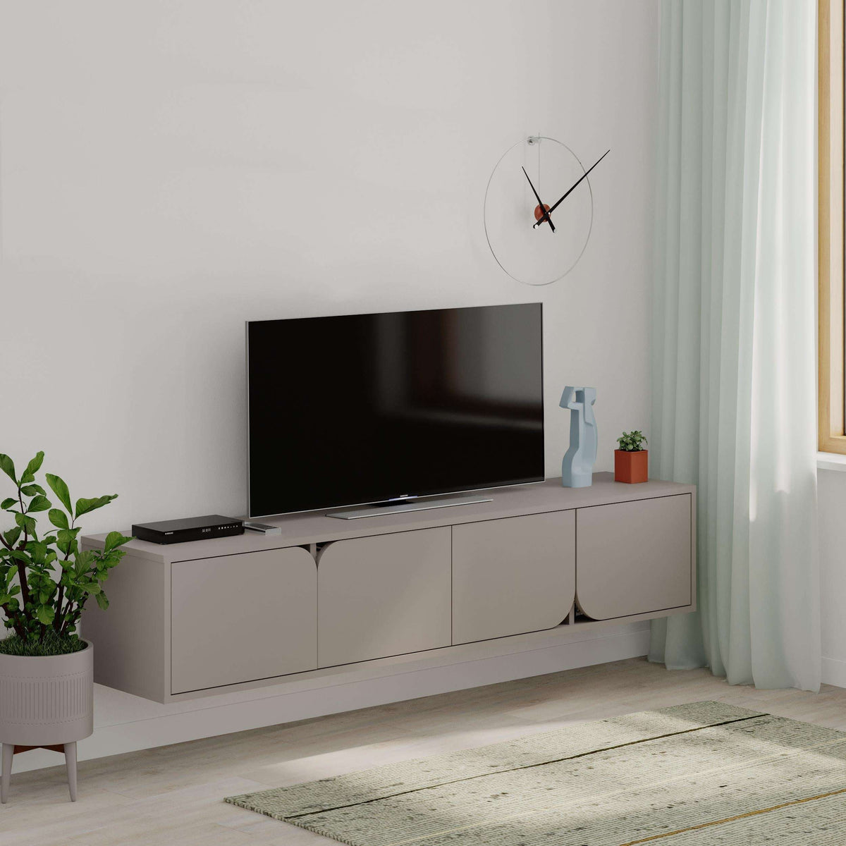 Light floating TV stand with open shelf and two curved cabinet doors