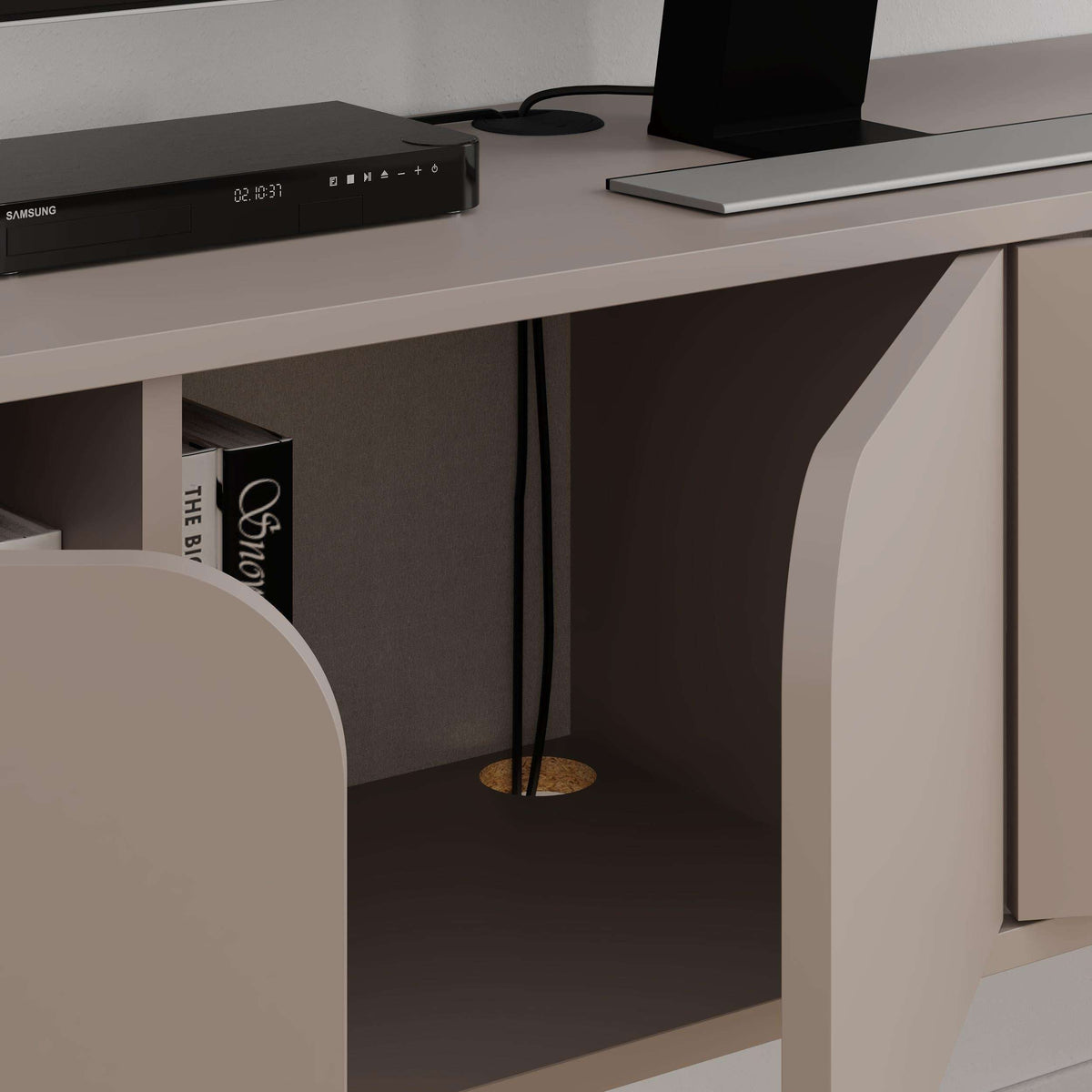 Floating TV stand open compartment showing books and curved cutout drawer interior