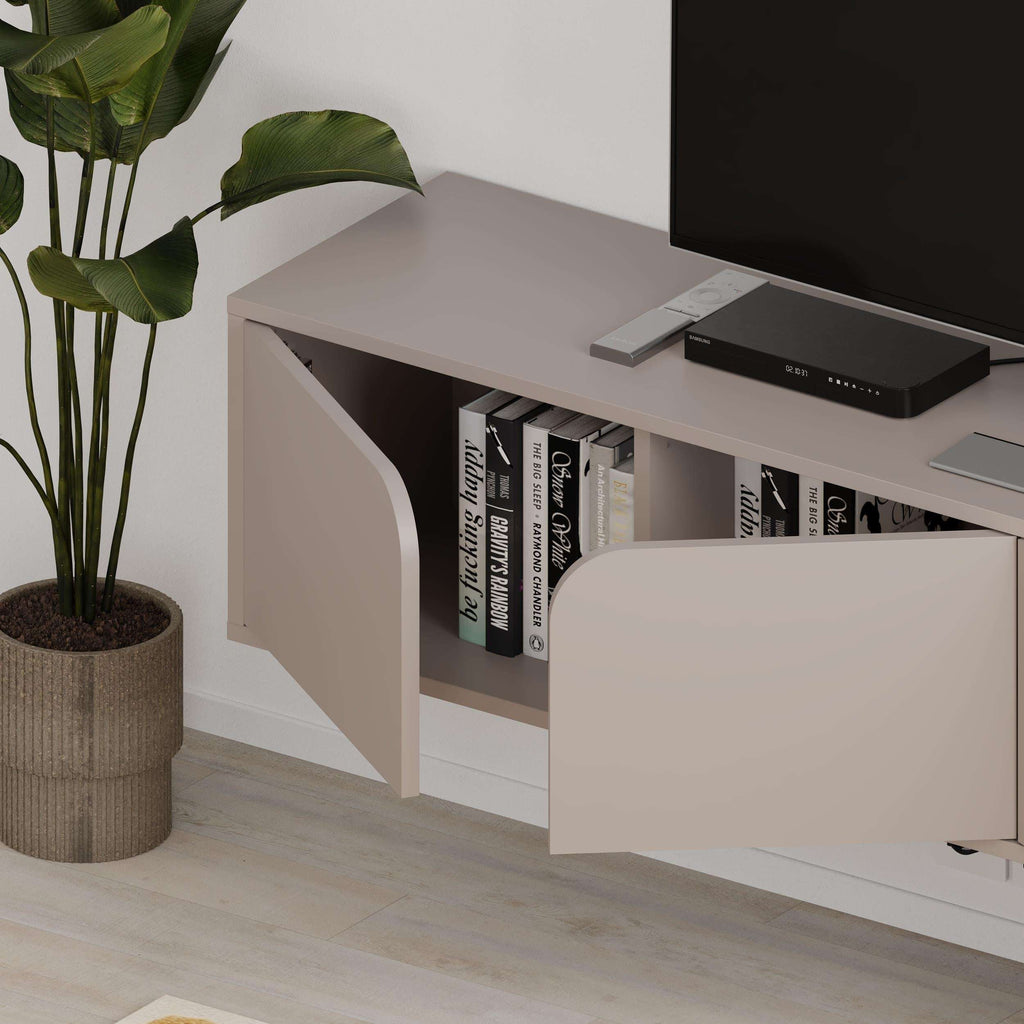 Floating TV stand corner view with open shelves and curved cabinet drawer front