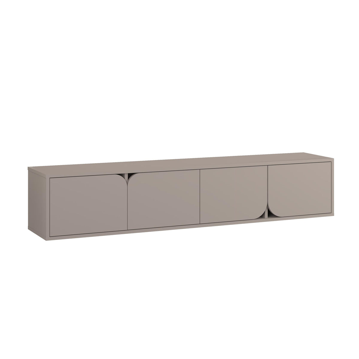 Floating TV stand in light gray with three cabinet doors and arched center cutout