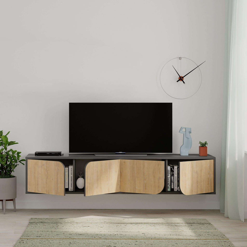 Floating TV stand with black top, light wood doors, and curved center panel