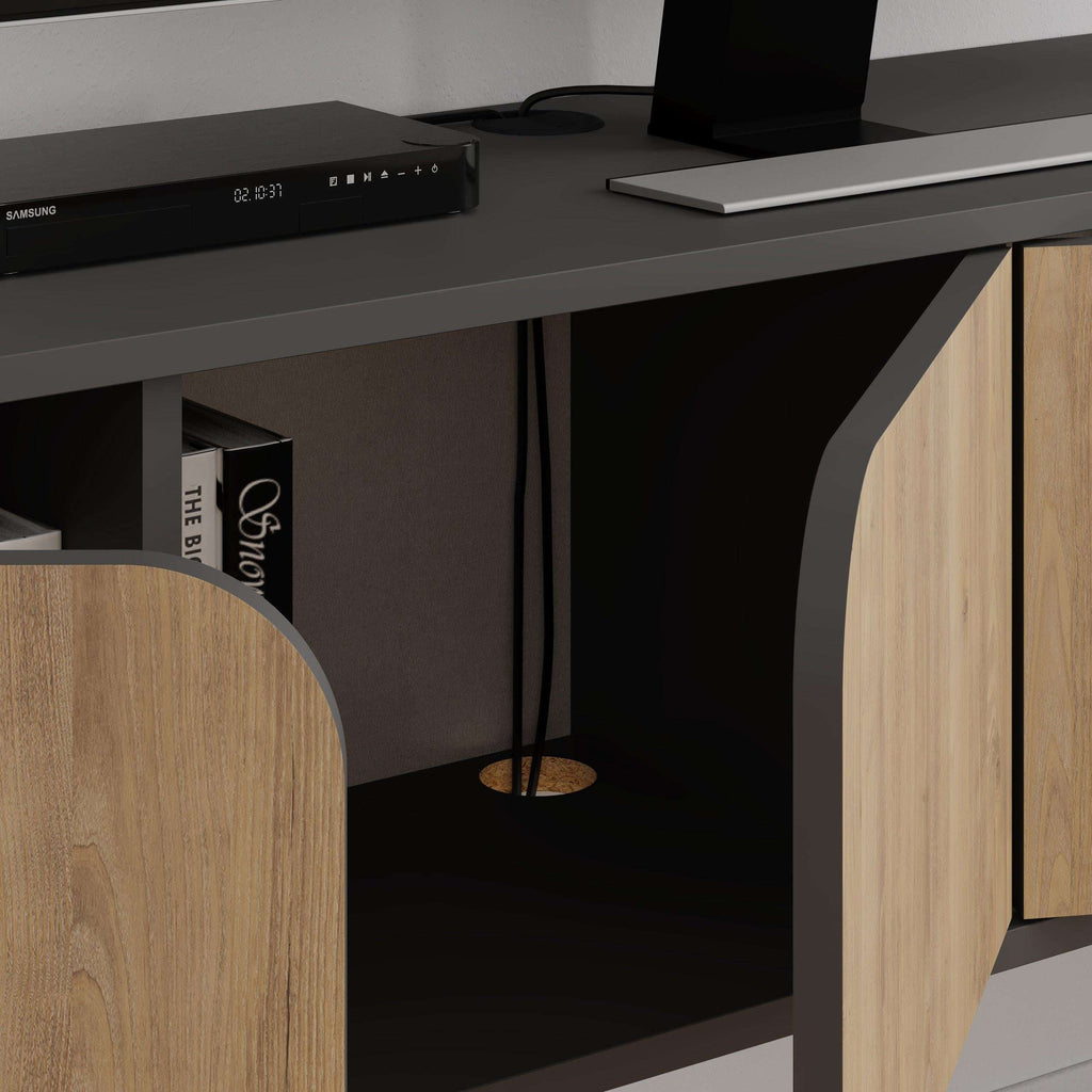 Floating TV stand open shelf with black interior and light wood door fronts