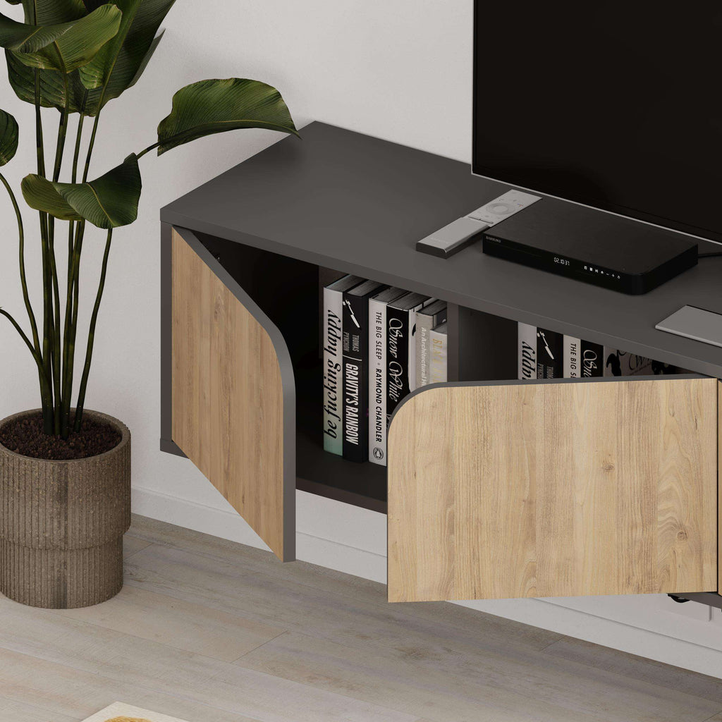 Floating TV stand with gray top, light wood sides, and open media shelf