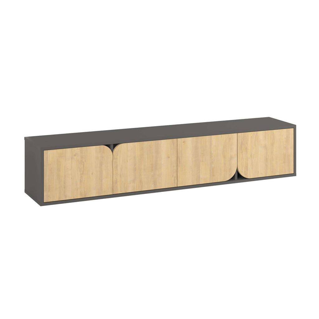 Modern floating TV stand with anthracite frame and light oak cabinet doors and cutout.