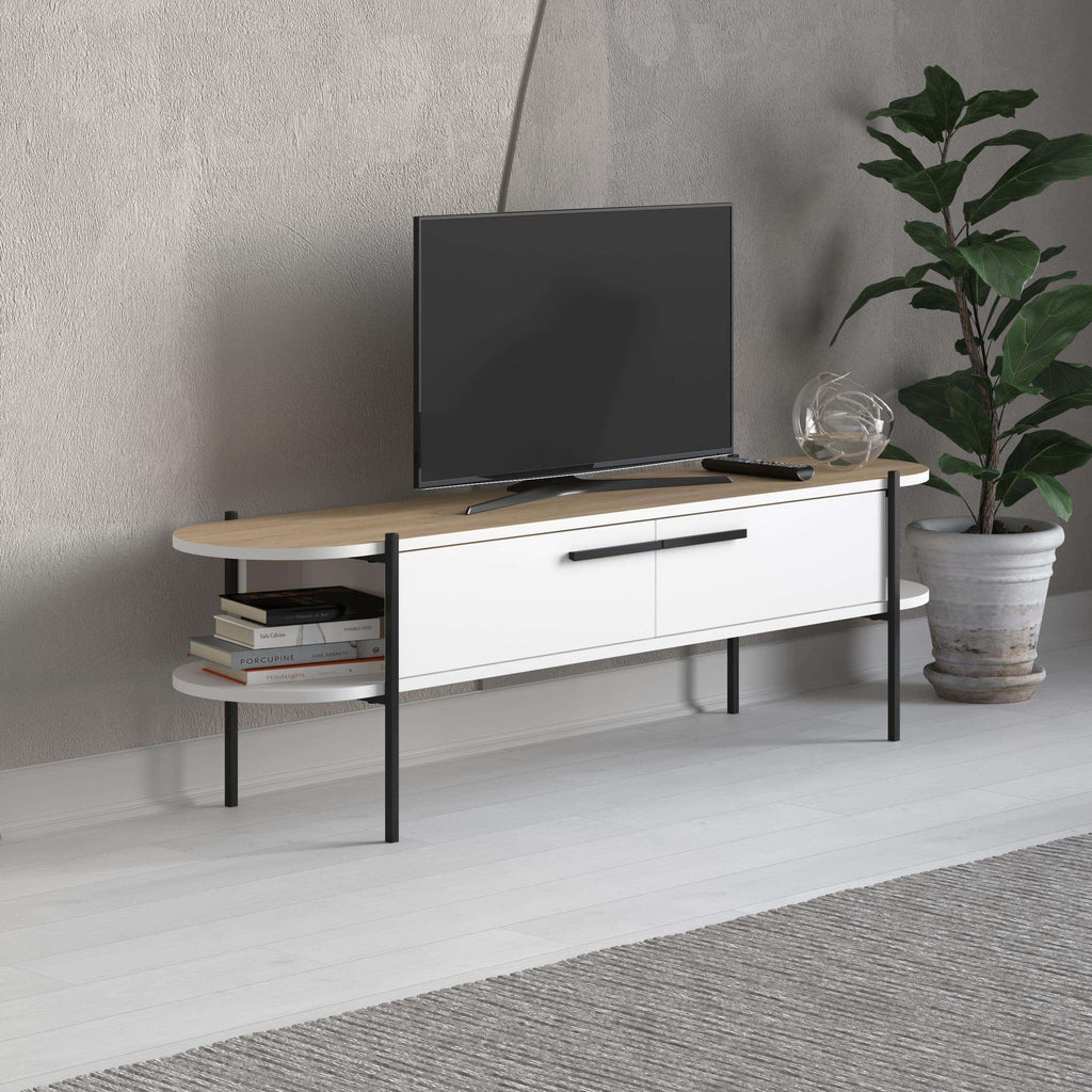 Modern TV stand with oak top, white cabinet doors, and black metal legs