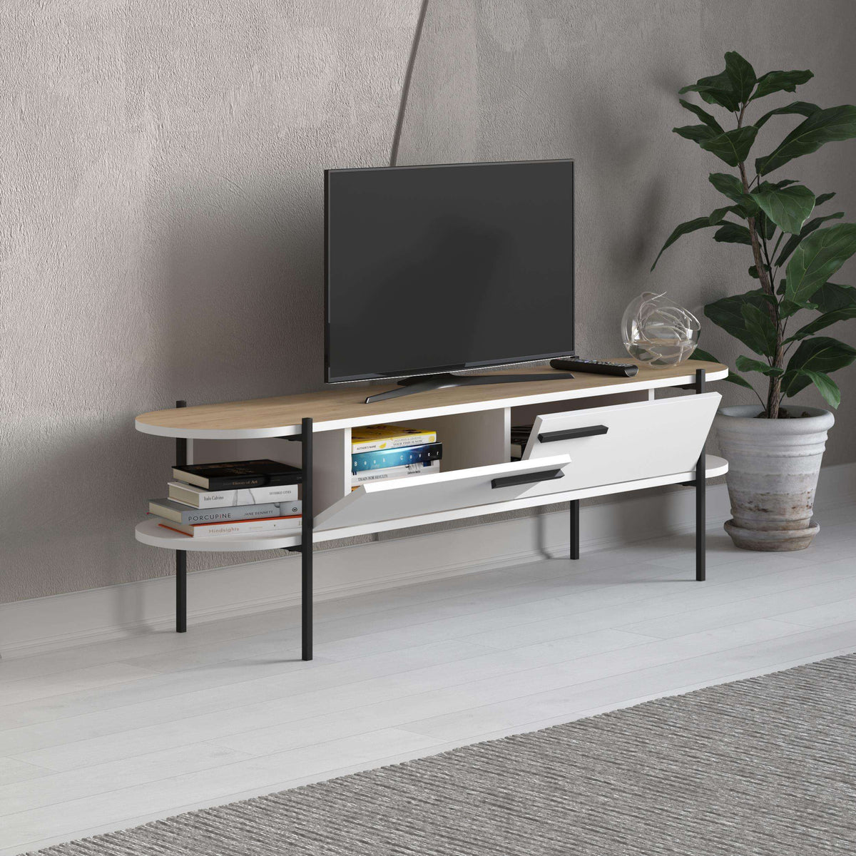 Modern TV stand with oak top, open storage, white drawers, and black metal legs