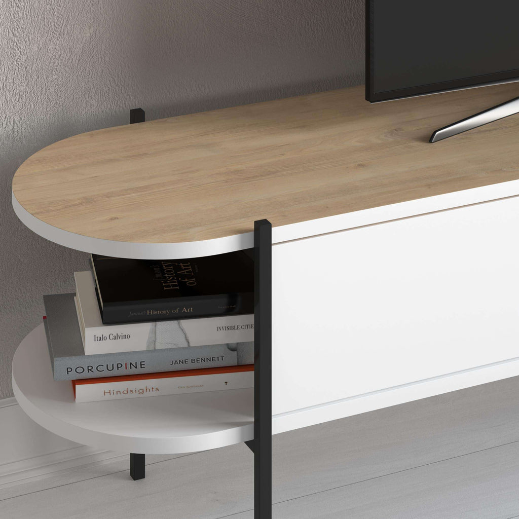 TV stand corner detail with oak top, white panel, and side open shelf