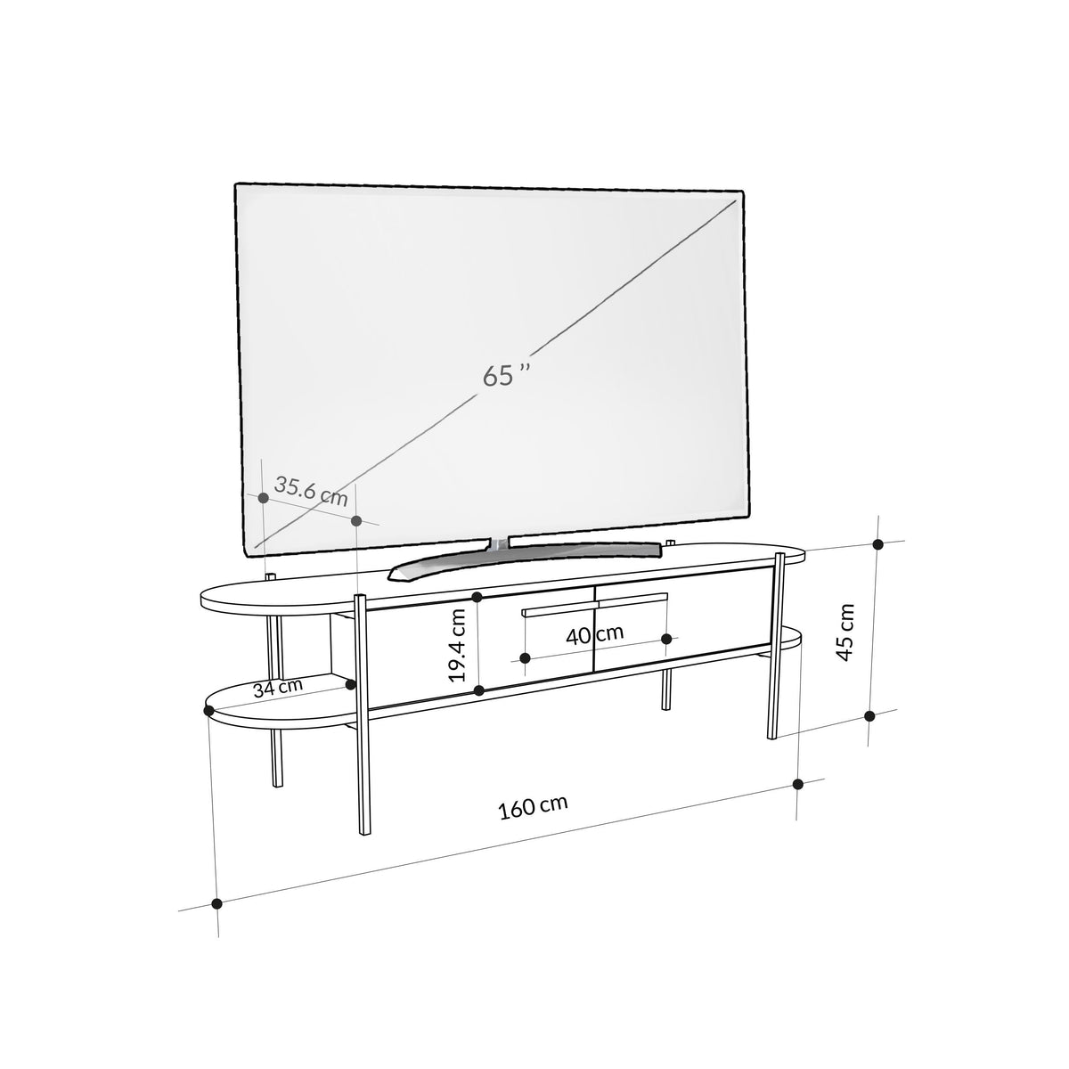 TV stand dimensions diagram, 160 cm length with cabinet and top