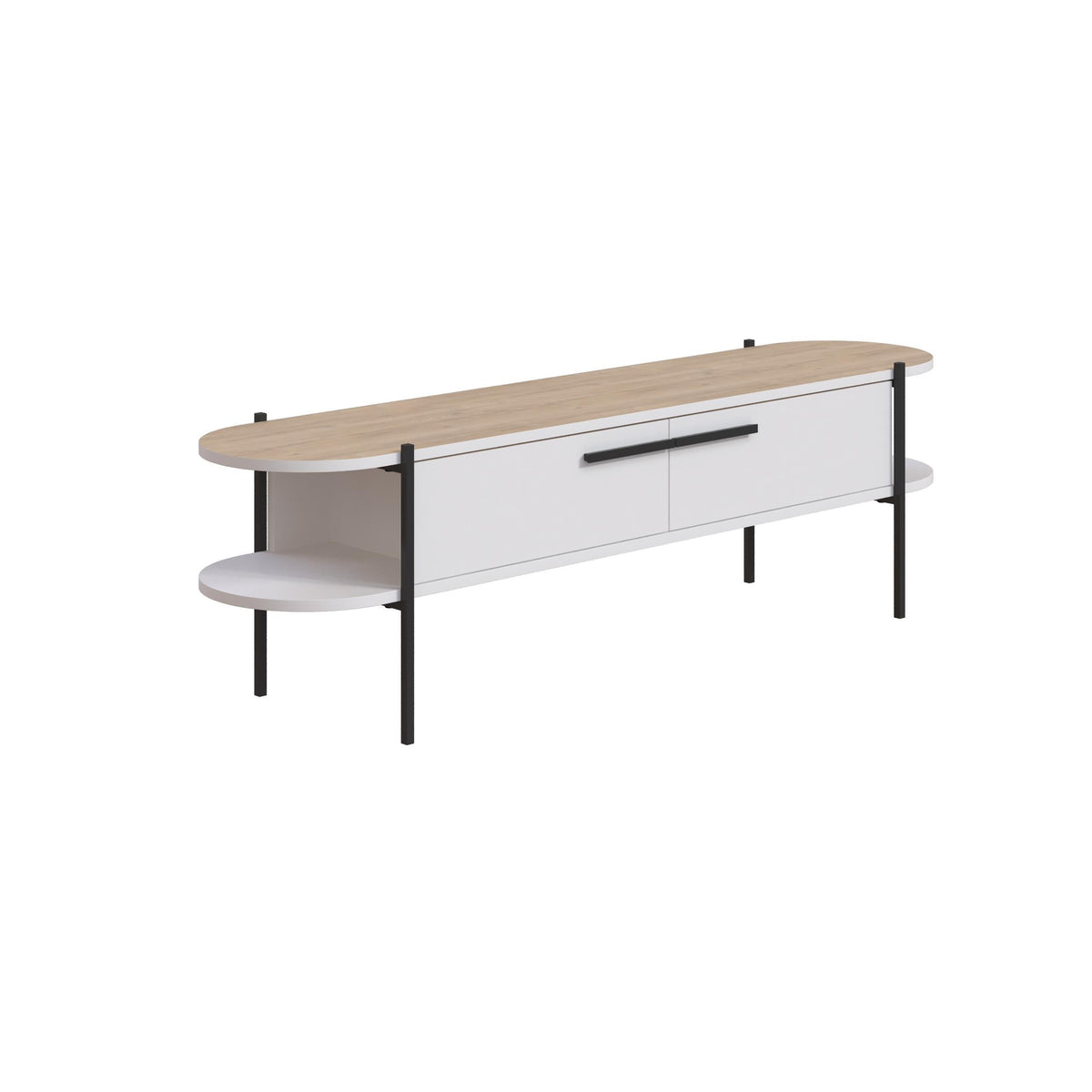 Modern TV stand with light oak top, white drawer, and black metal legs