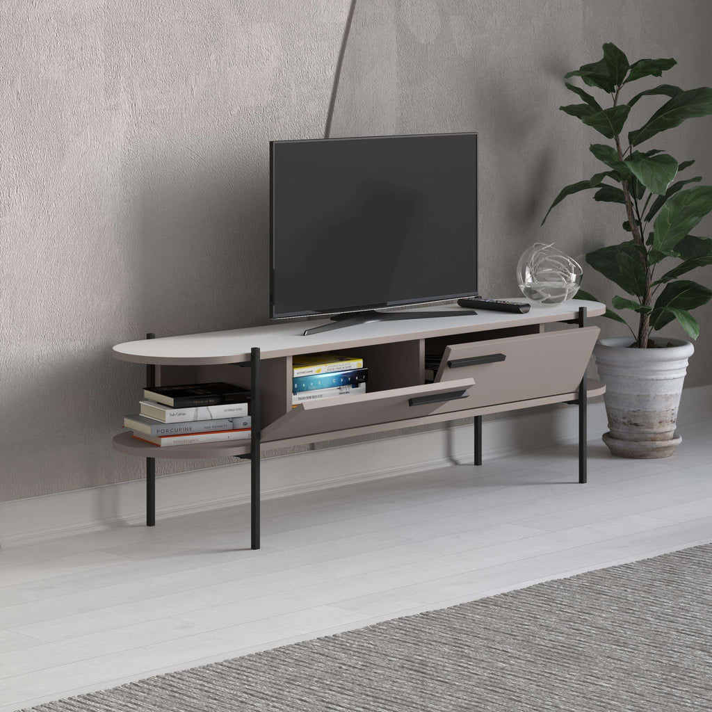 Modern TV stand with light wood top, open shelf and drawers, and black metal legs