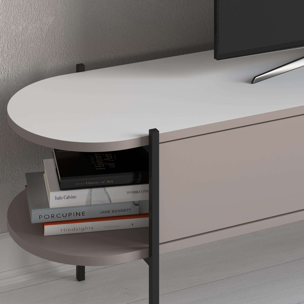 Rounded end shelf on a TV stand with light grey front and open book storage