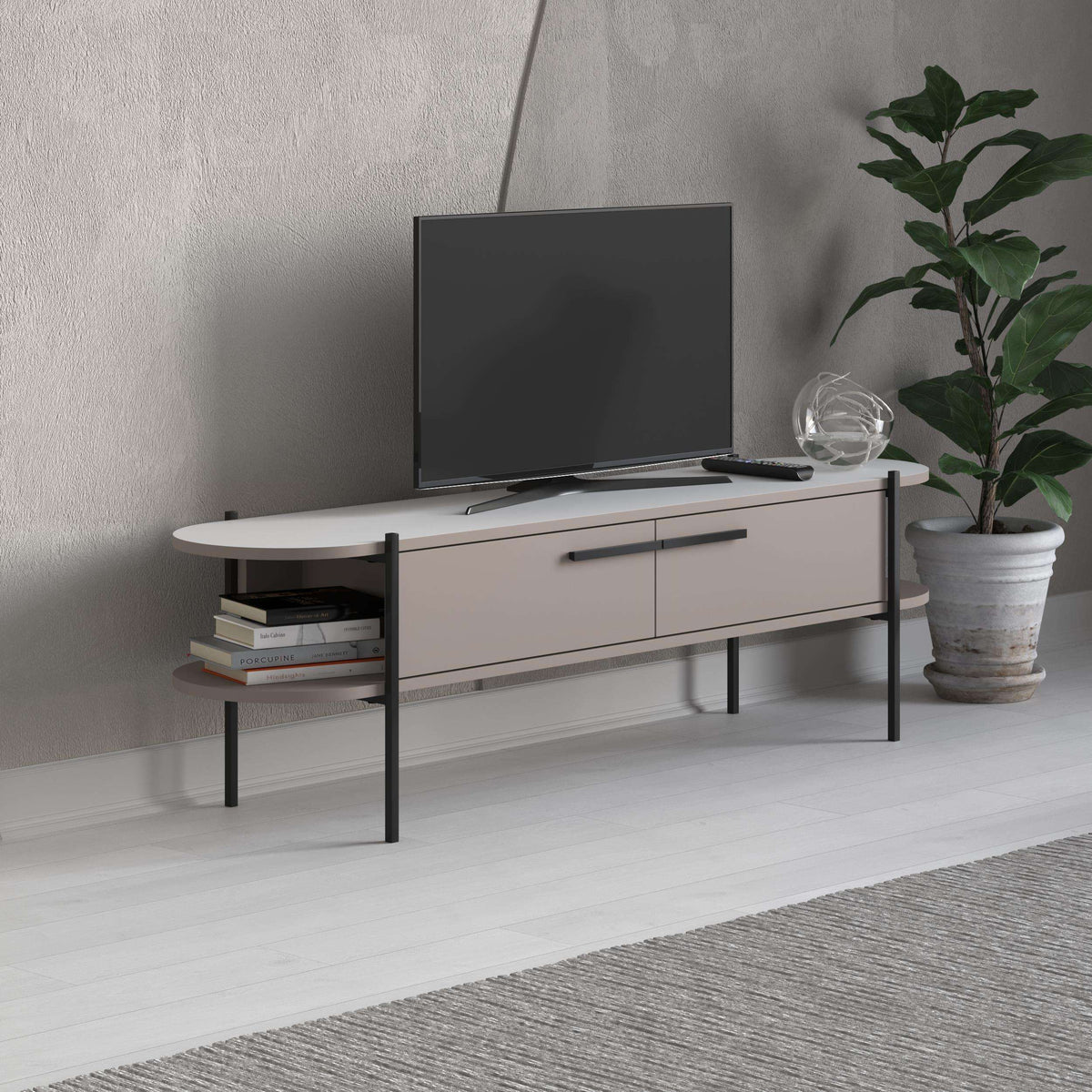 Modern TV stand with oak top, white cabinet doors, and black metal legs