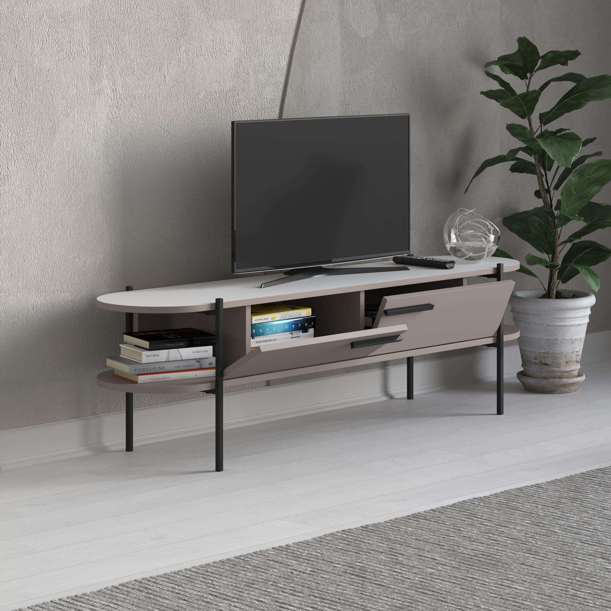 Modern TV stand with light wood top, white drawers, open shelves, and black metal legs