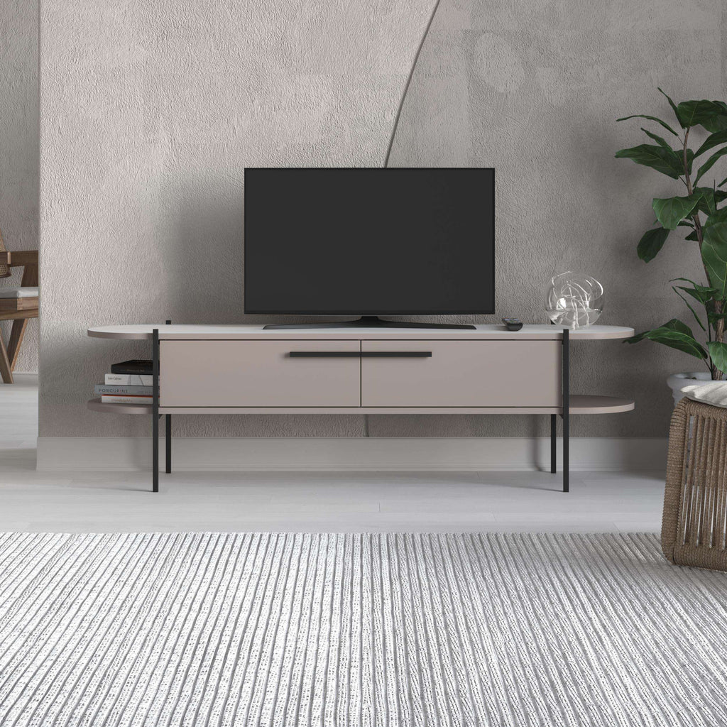Modern TV stand with white base, long drawer, rounded top, and black metal legs