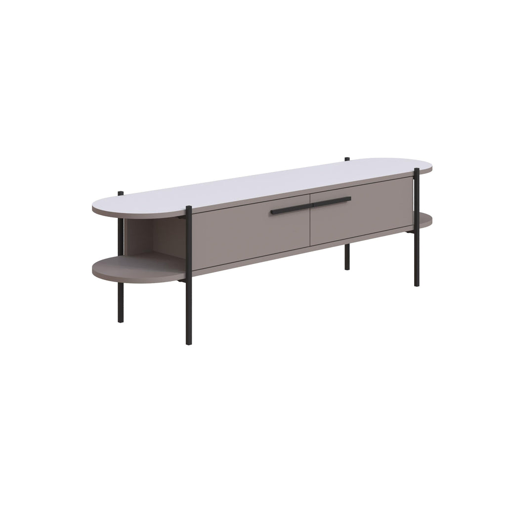 Modern TV stand with grey front, rounded top, open side shelf, and black metal legs