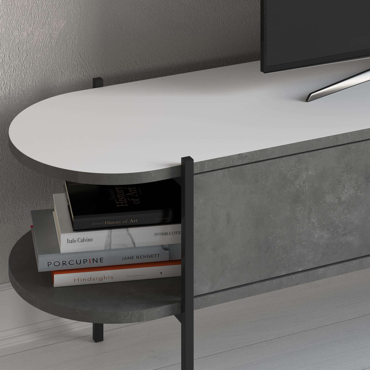 Modern TV stand with curved shelves, dark metal legs, and white tabletop storage area.