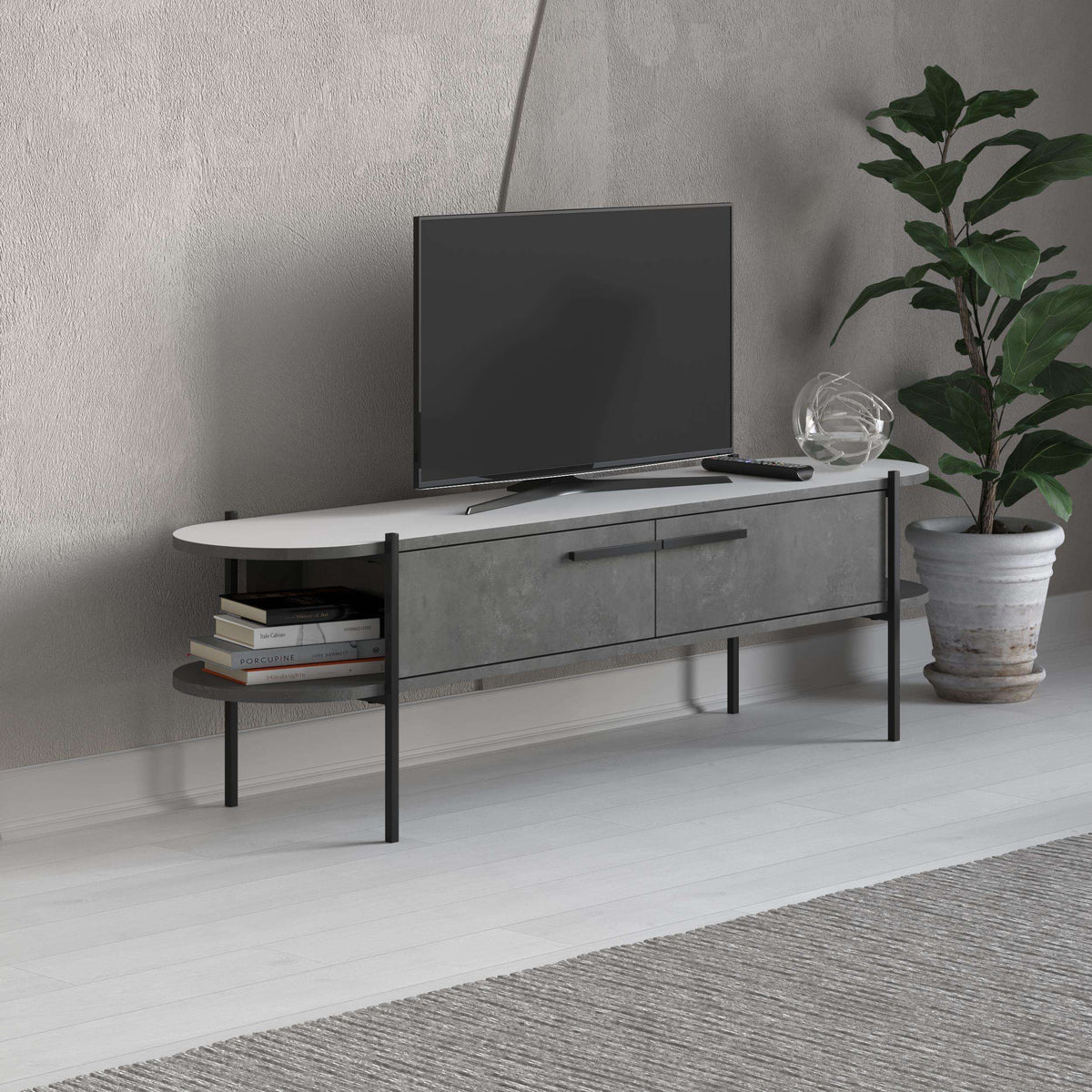 Modern TV stand with two drawers and open shelf, light grey finish, black metal legs.