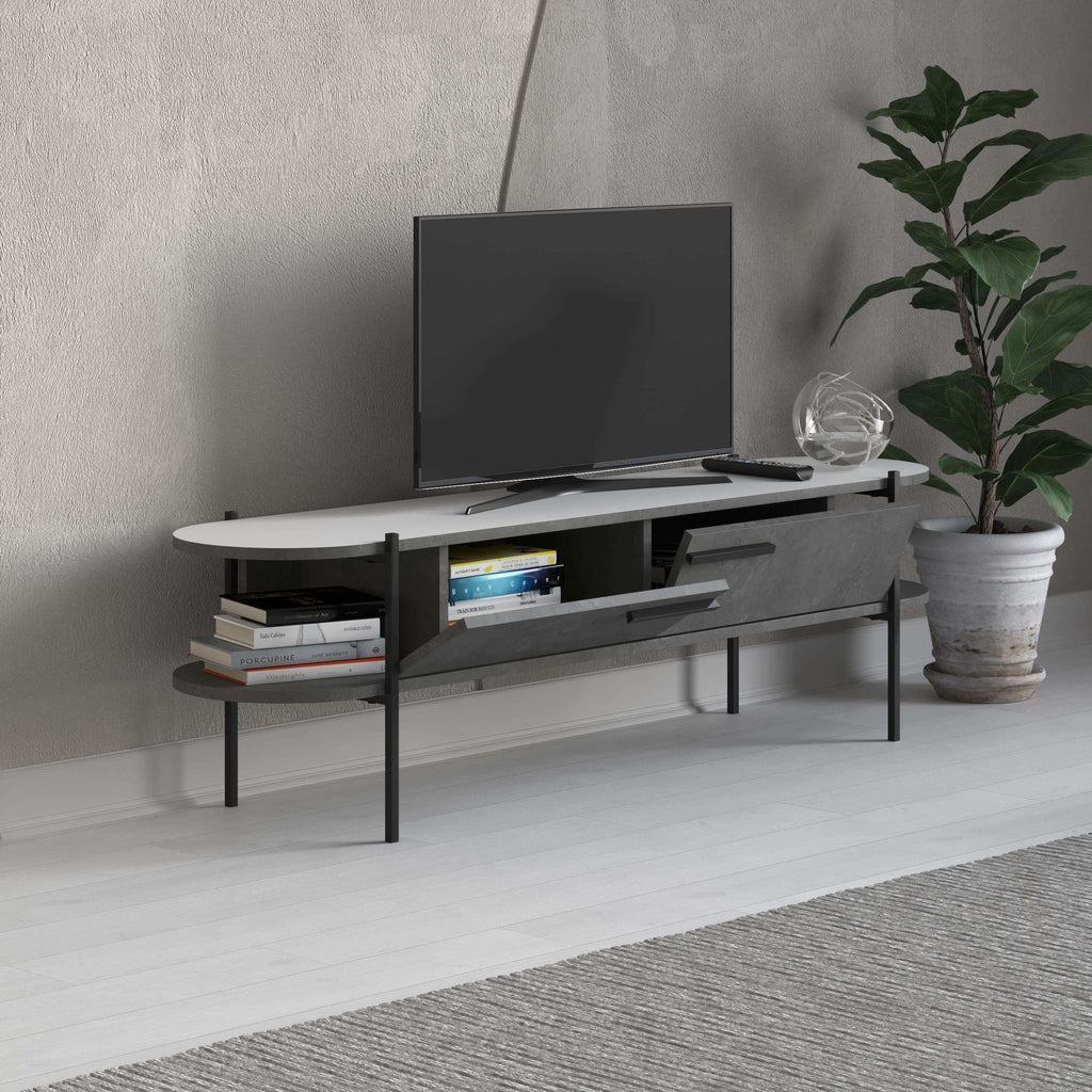 Modern TV stand with flat-screen TV, grey cabinet with drawers, and metal legs