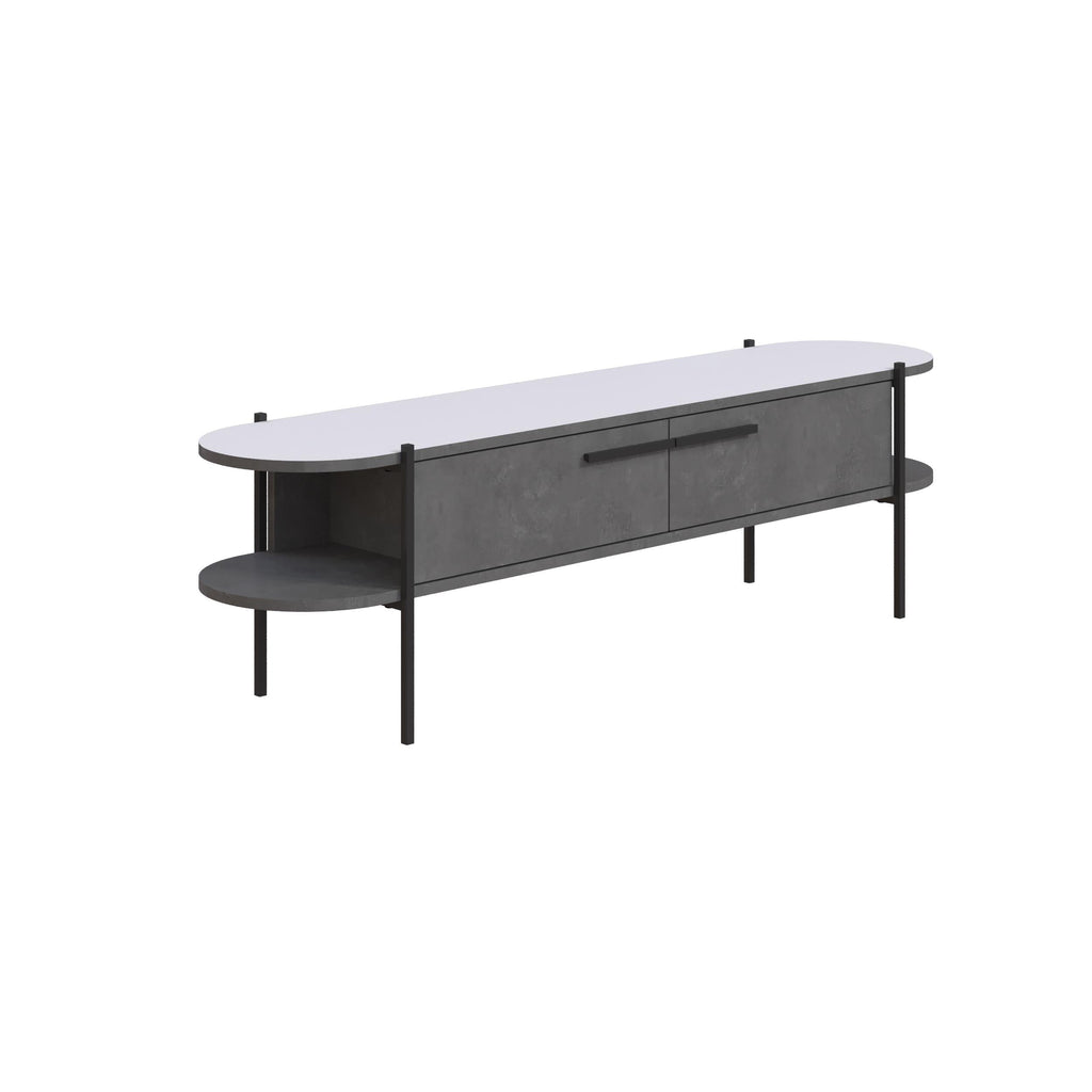 Modern TV stand with curved top, metal legs, and long front storage compartment