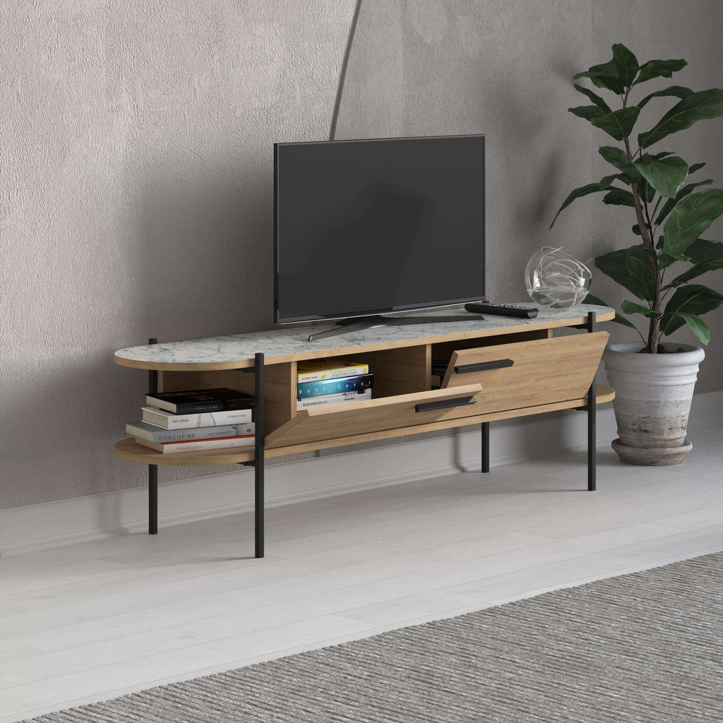 Modern TV stand with light wood top, open shelves, two drawers, black metal legs