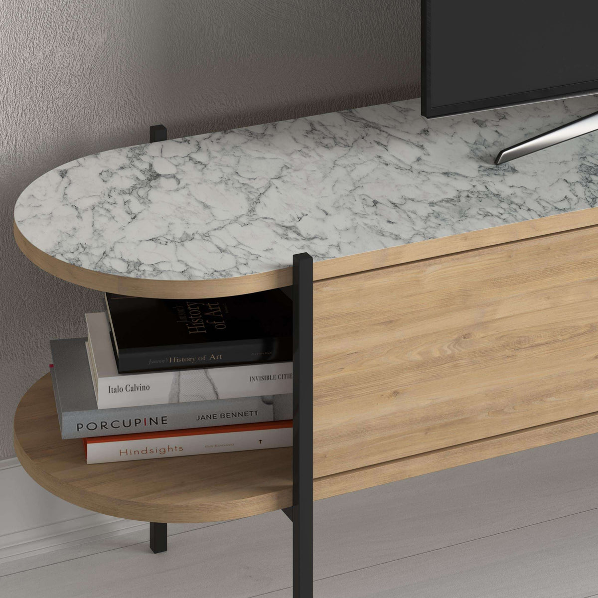 Rounded media console shelf with marble-look top panel, open storage and dark metal side