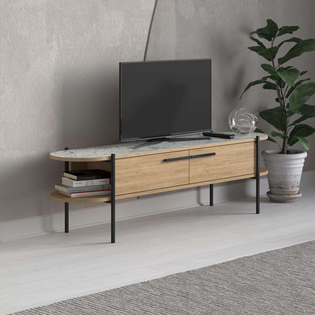 Modern TV stand with light wood top, open media shelf, drawers, and black metal legs