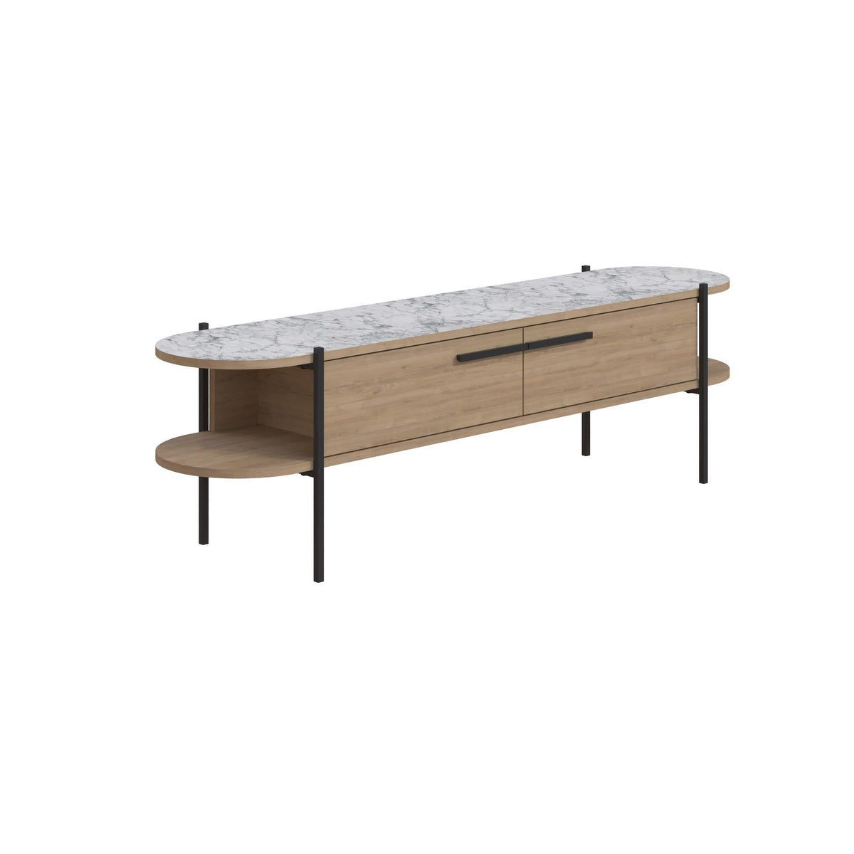 Modern TV stand side view with stone-look top, oak base, central drawer, black metal legs.