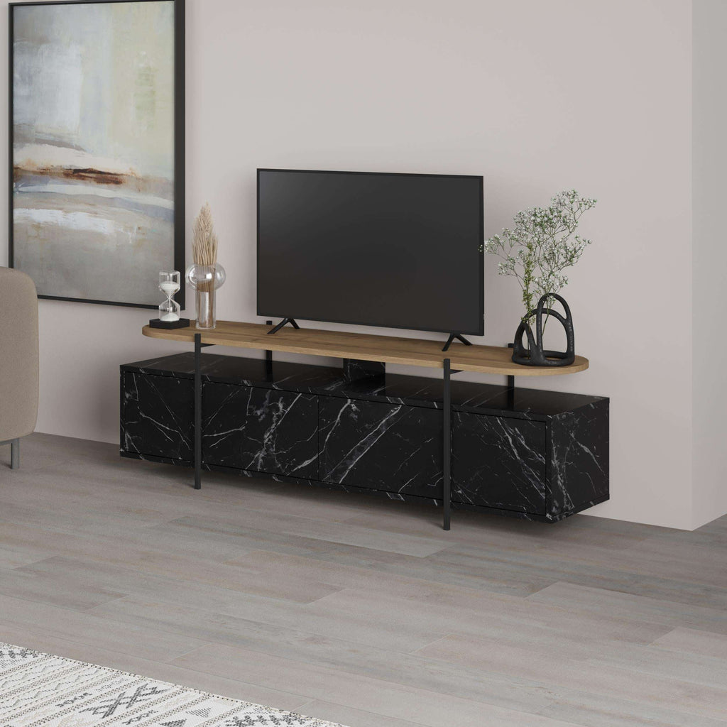 Modern TV console with wood top, black marble-look drawers, and open media storage center