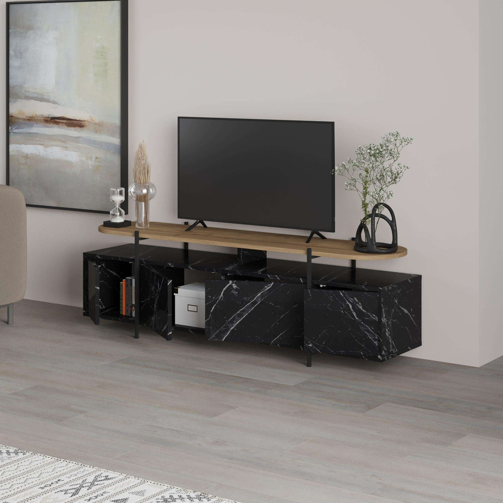 Modern TV stand with open shelves, black marble-effect cabinets, and metal legs for storage.