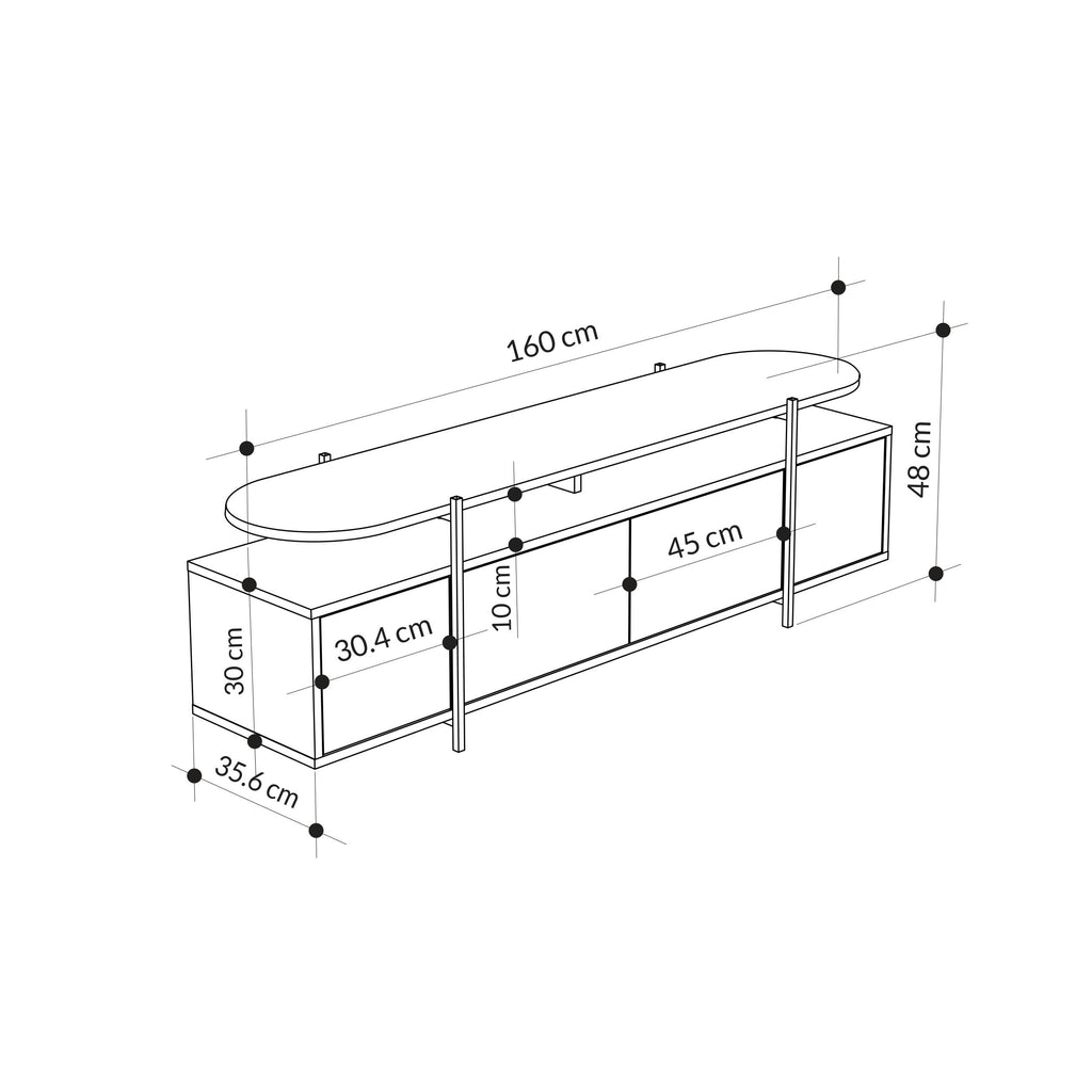 TV stand size diagram with overall dimensions and cabinet layout measurements
