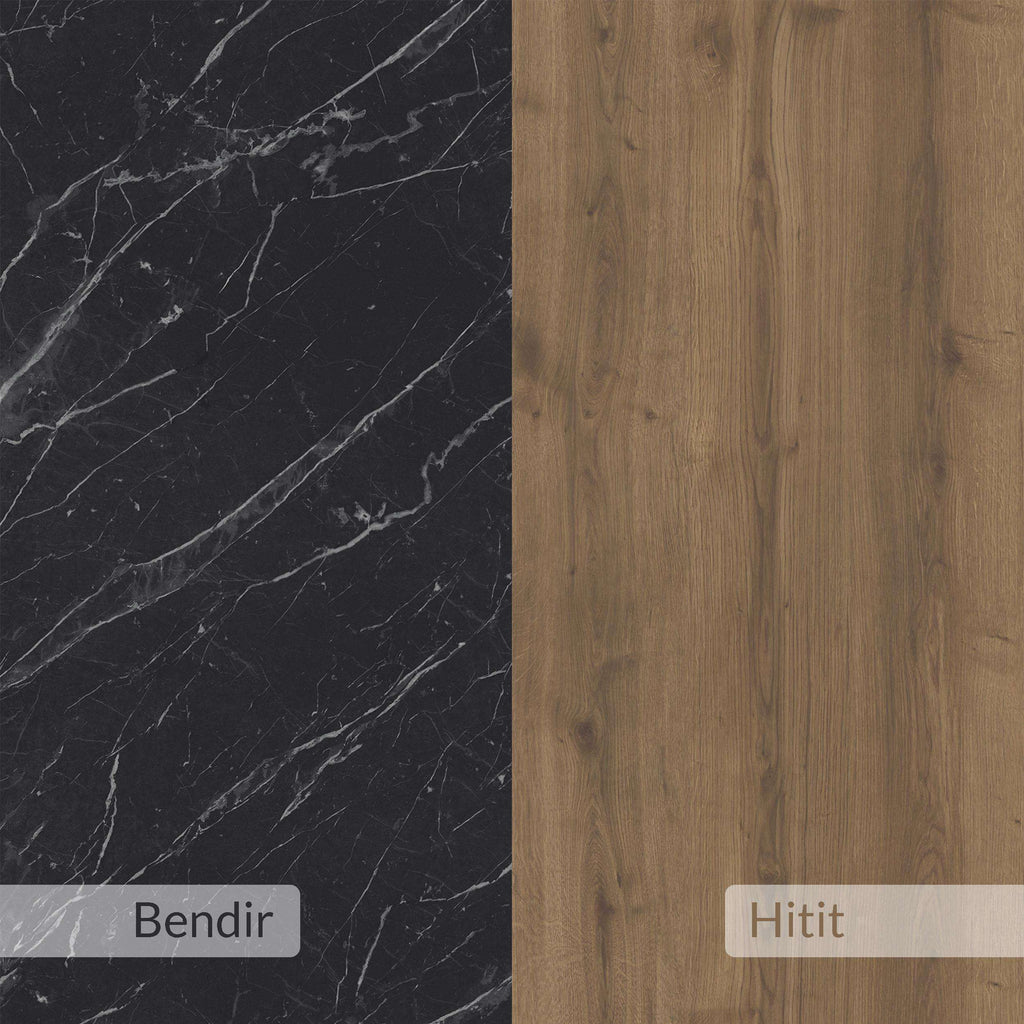 Marble-look panel and wood-grain panel sample for TV stand surfaces
