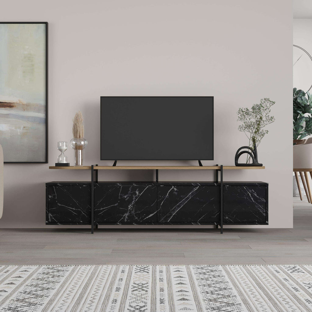Modern TV stand with black marble-look cabinets, open center shelf, and black metal frame