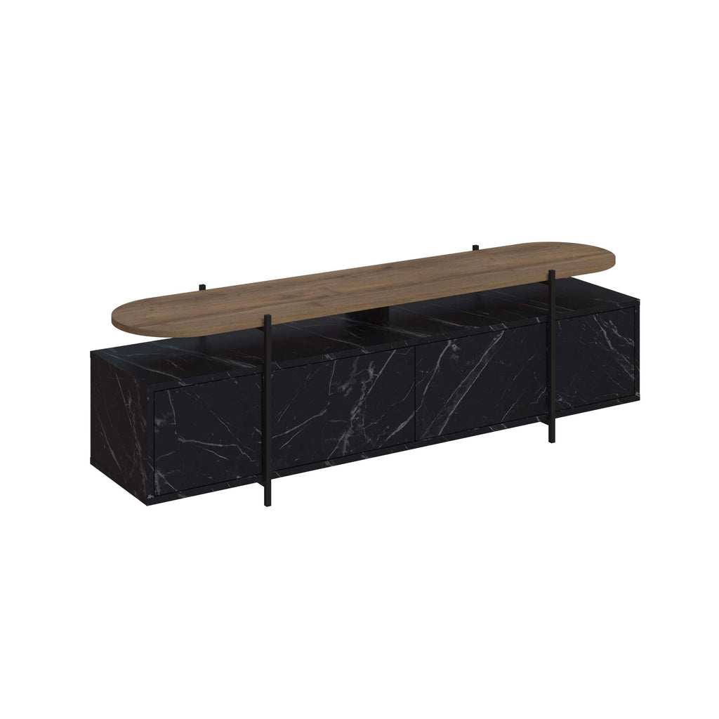 Modern TV console with curved wood top and black marble-look storage cabinet
