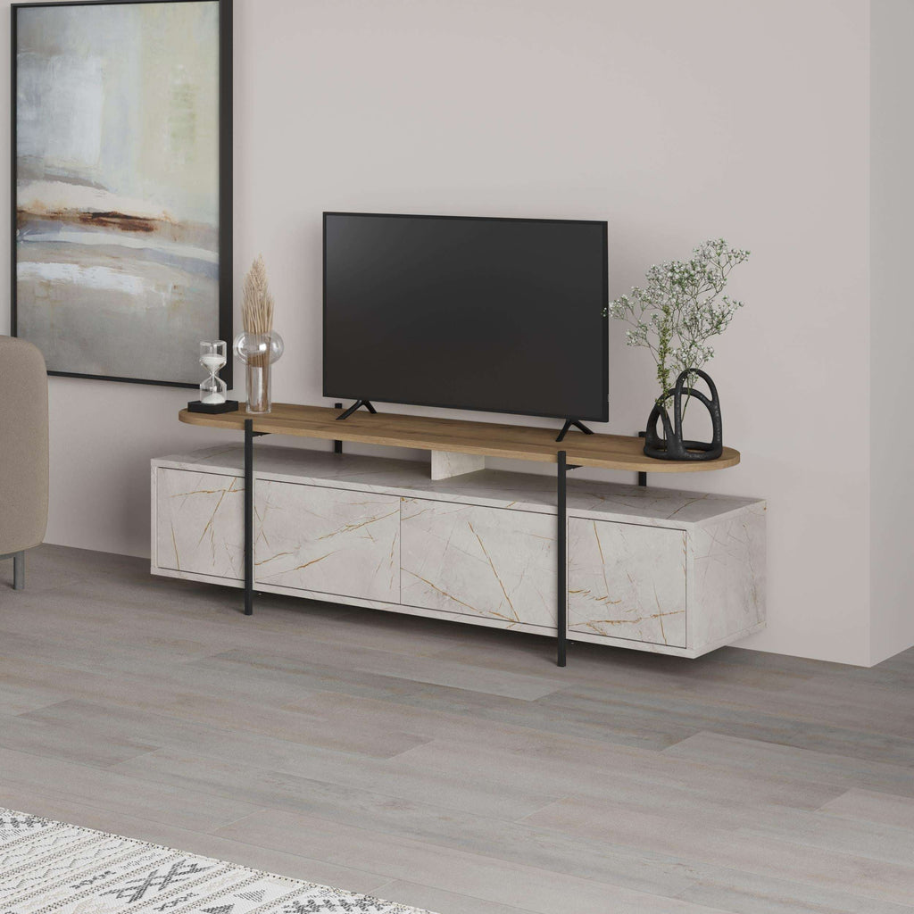 Modern multimedia TV unit with white marble-effect storage drawers and open media compartments.