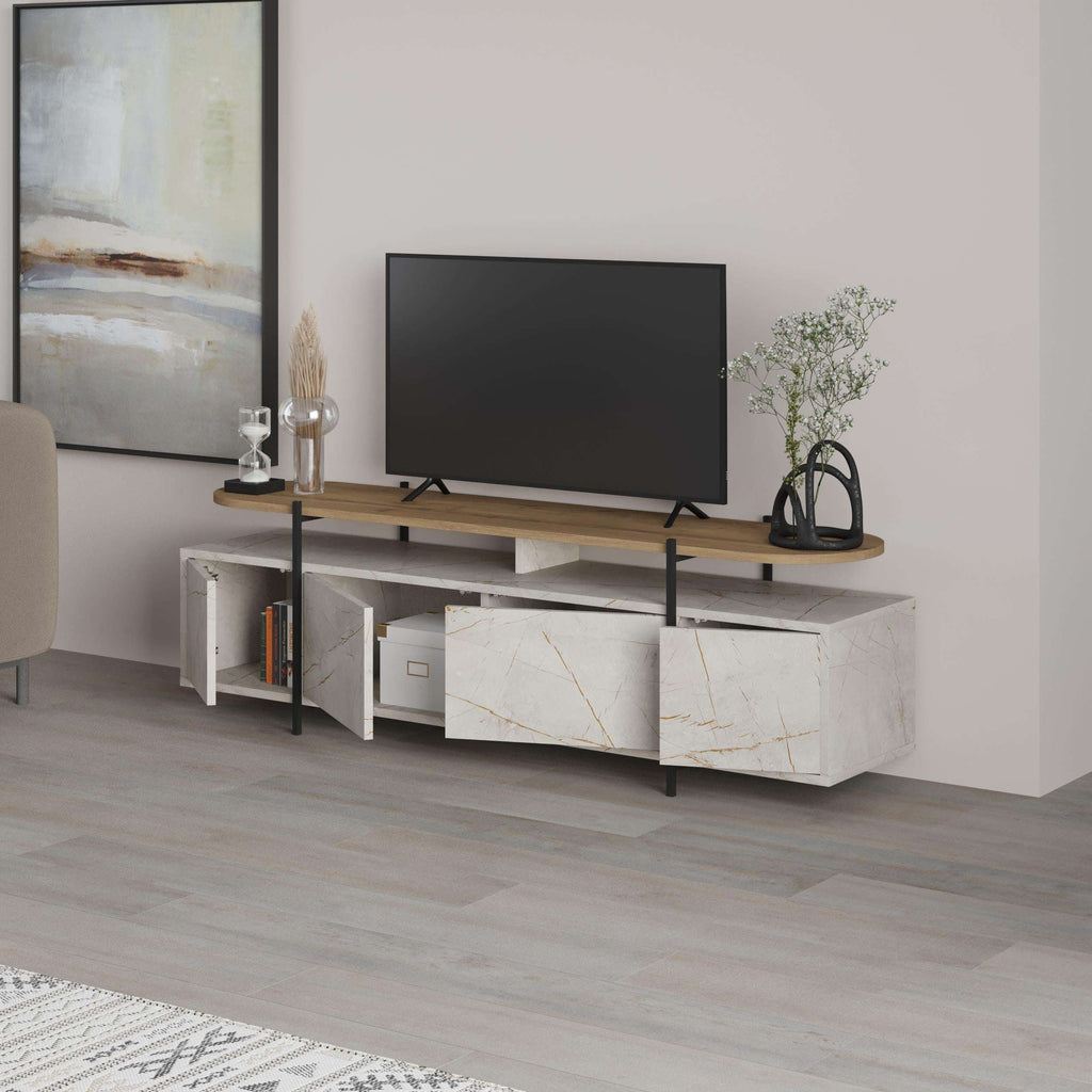Modern TV stand with long wood top, open center storage, and white marble-effect cabinets.