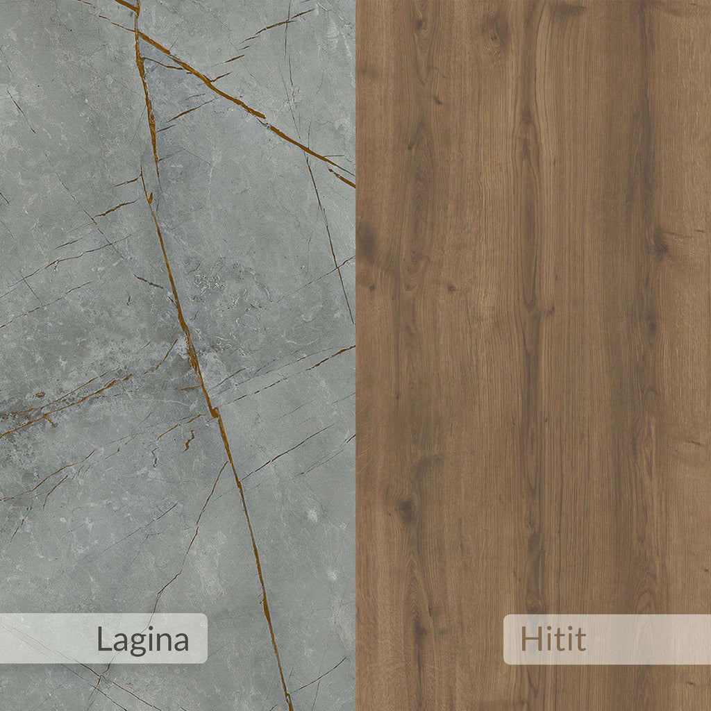 Marble-effect panel close-up with gray stone texture and warm wood-grain section.