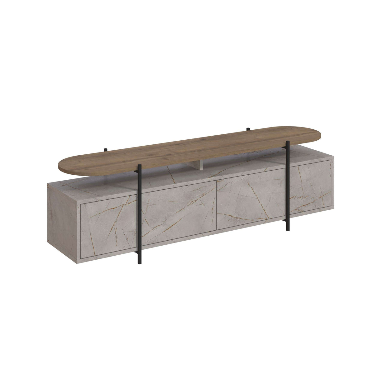 Modern TV stand with light gray marble-effect base, rounded wood top, and metal support legs.