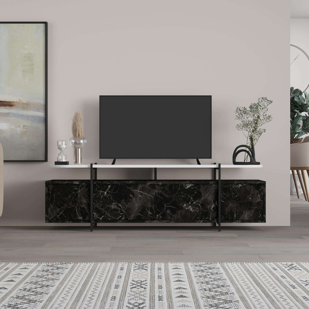 Modern TV stand with side cabinets and central open shelf, black marble-look finish, black legs