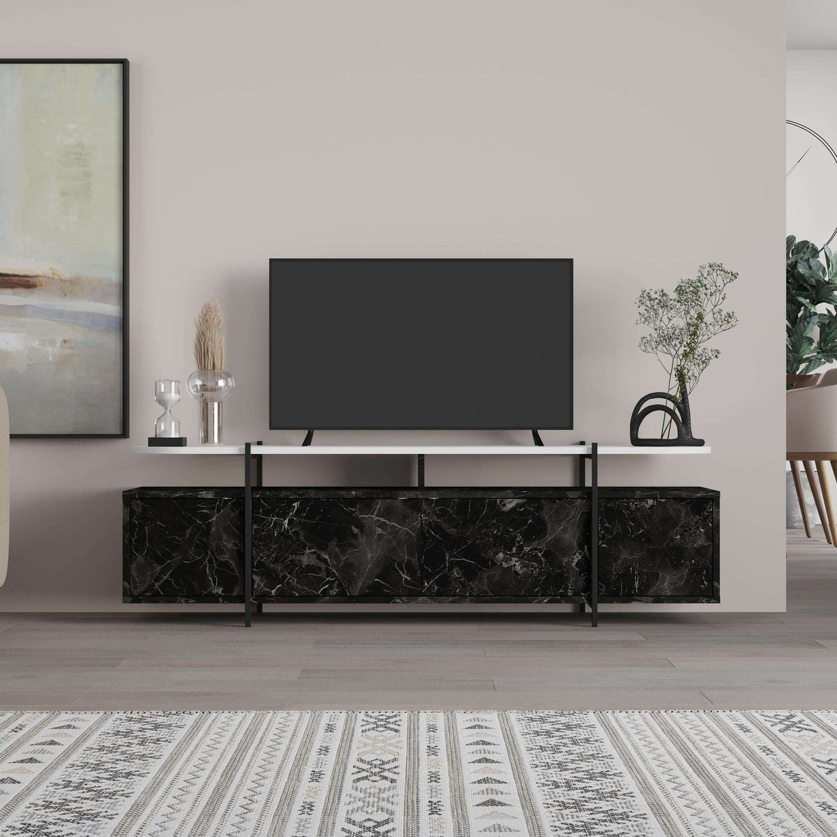 Modern TV stand with side cabinets and central open shelf, black marble-look finish, black legs