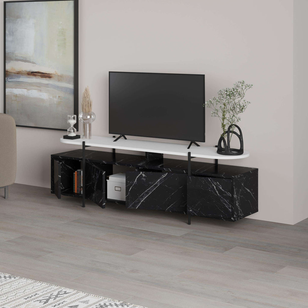 Modern TV stand with media shelves and drawers, black marble-look cabinets, black legs