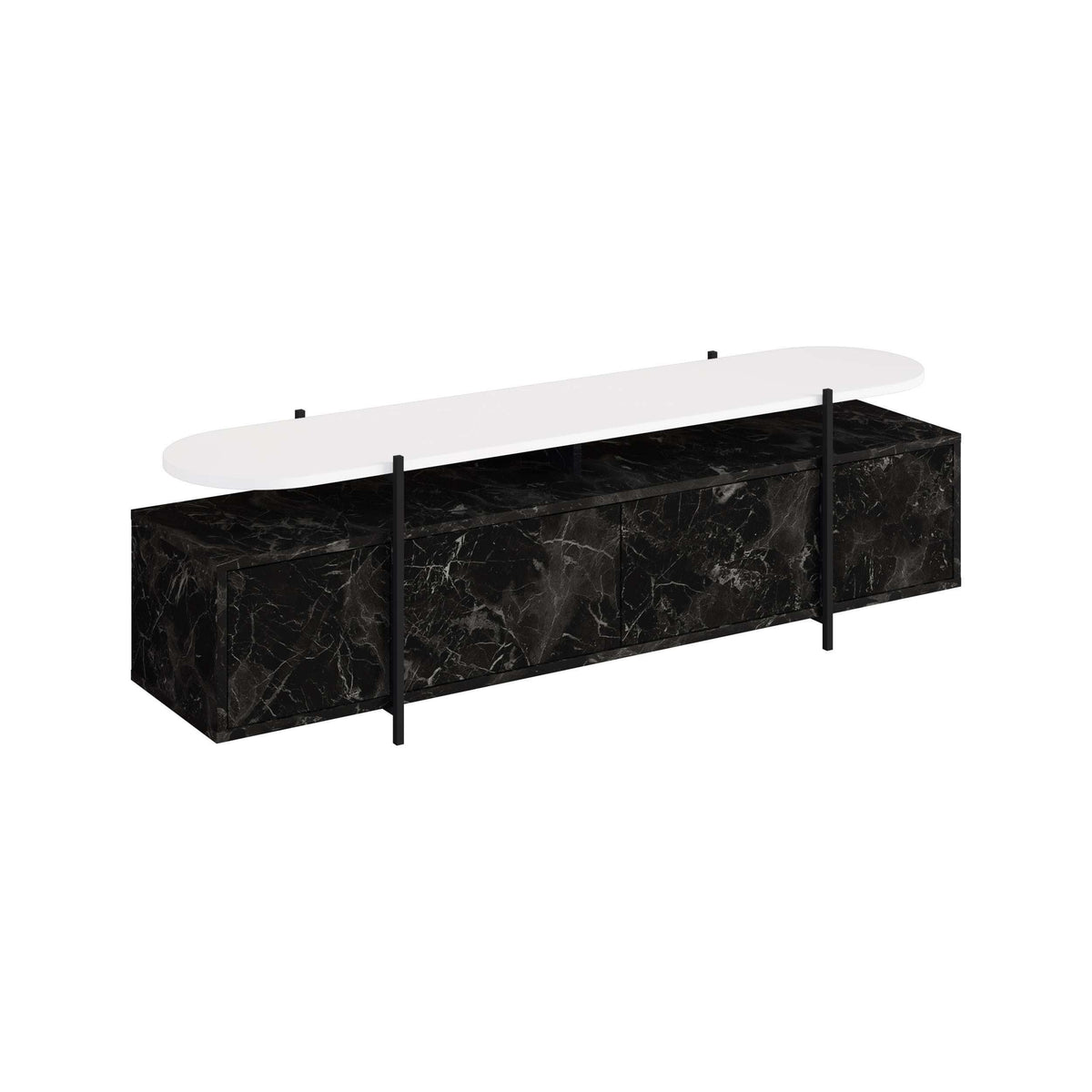 Modern TV stand with long top, black marble-look storage base, black metal legs