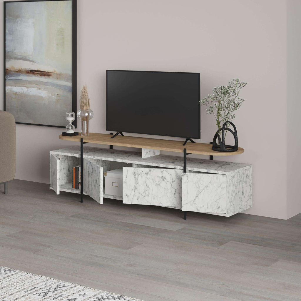 Modern TV stand unit with light wood top, white marble-look storage, and black metal legs