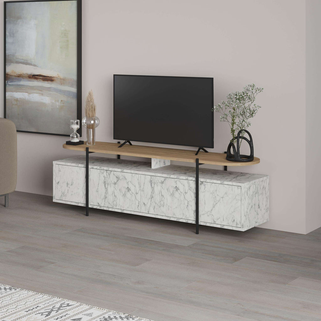 Modern media console with storage cabinets, light wood top, and white marble-effect fronts